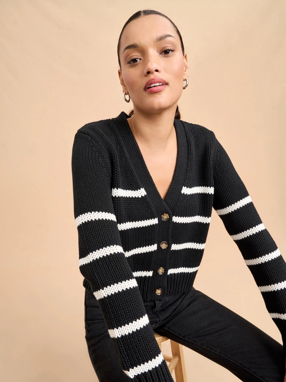 La Ligne Mini Marina Striped V-Neck 
Cardigan - Black & White